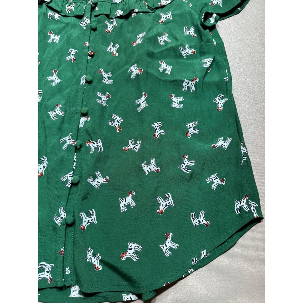 Maeve Anthropologie Green Dog Print Ruffle Tie Neck Blouse XS Short Sleeve Top - Picture 2 of 10